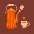 Cute kettle with hot drink and cup of tea or coffee. Tradition English afternoon teatime. Kitchen cartoon design concept. Royalty Free Stock Photo